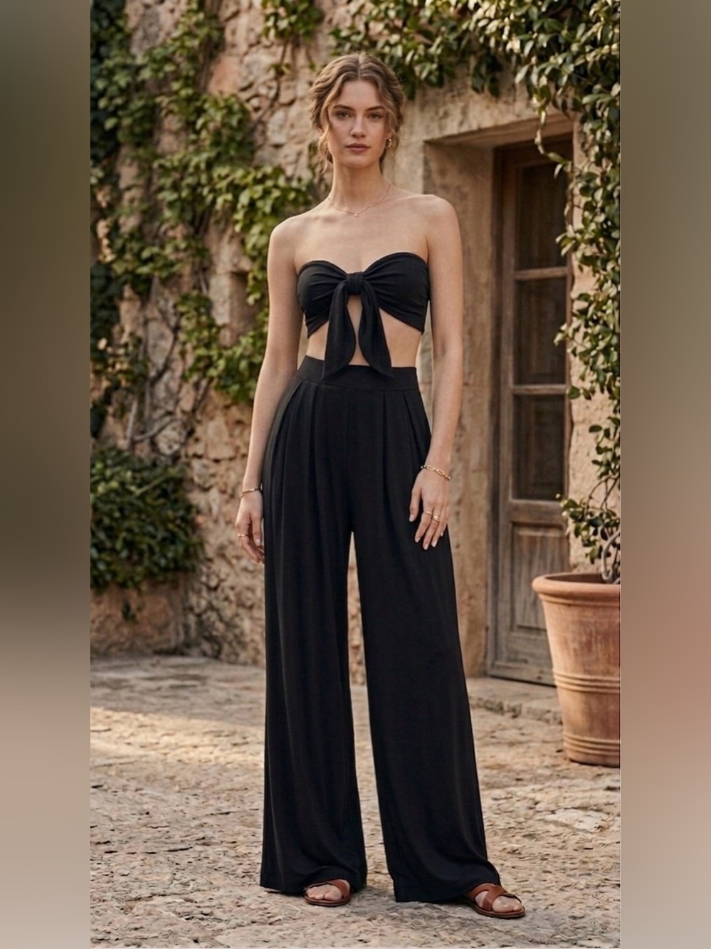 Women’s Black Tory Two Piece with Self-Double Layer Wide Leg Pants Medium